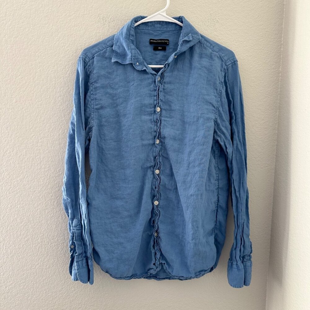 Mudo Collection Slim Fit Button Up Shirt Long Sleeve Airy Linen Blue Sz M